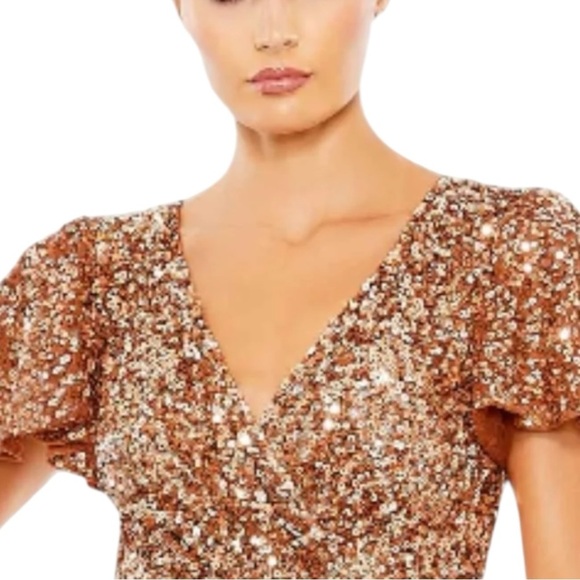 Mac Duggal Copper Sequined Wrap Over 18 Butterfly Sleeve Draped Gown Formal - Picture 4 of 12